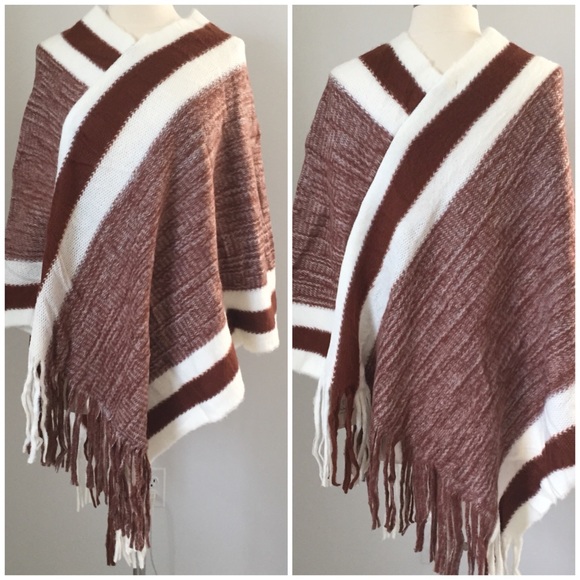Brown Striped Fringe Poncho - OS - NWT - Picture 3 of 4